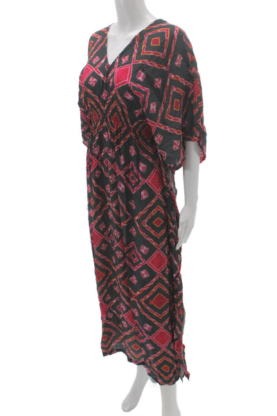 Rujuta Sheth Womens Kaftan Dress Black Argyle V-Neck Short Sleeve Size One Size
