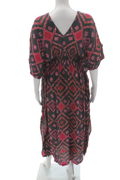 Rujuta Sheth Womens Kaftan Dress Black Argyle V-Neck Short Sleeve Size One Size