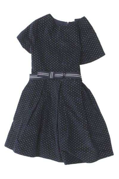 Jacadi Childrens Girls Polka Dot Belted Pleated A Line Dress Navy Blue Size 5