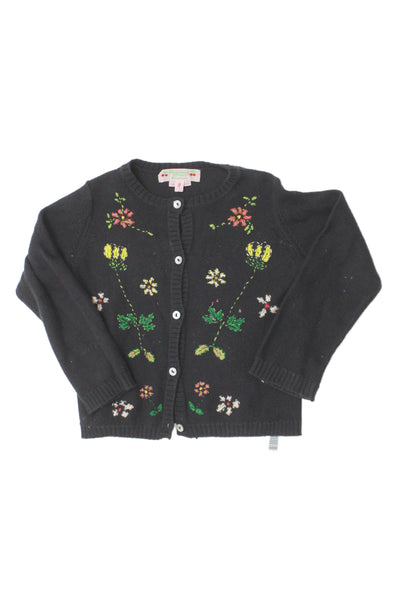 Bonpoint Childrens Girls Floral Embroidered Cardigan Sweater Black Size 2