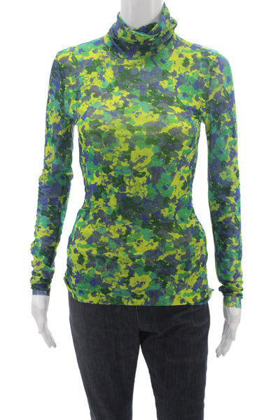 Ganni Womens Green Floral Turtleneck Long Sleeve Blouse Size 32