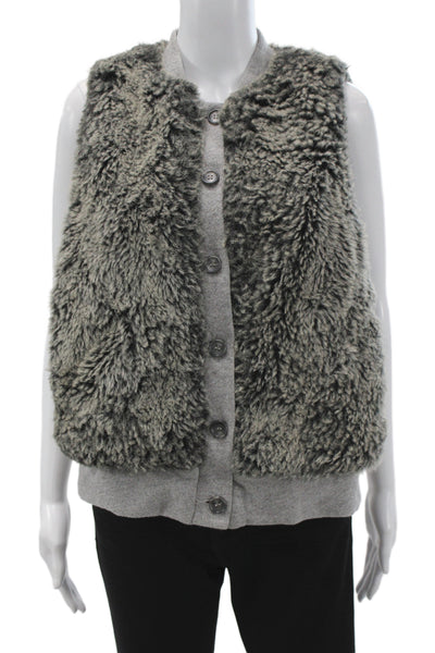 Three Dots Women Bomber Vest Faux Fur Gray Button Sleeveless Size L