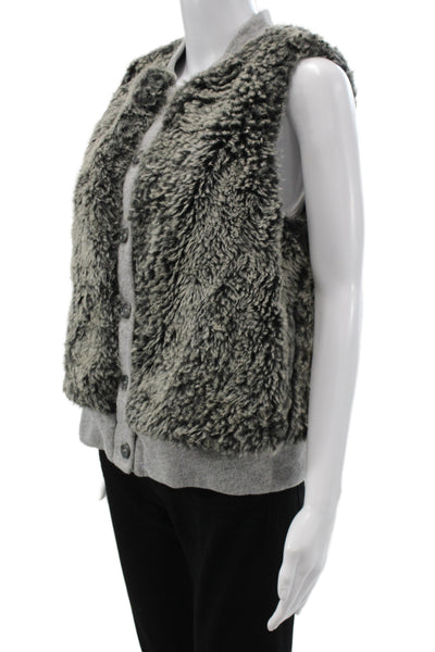Three Dots Women Bomber Vest Faux Fur Gray Button Sleeveless Size L
