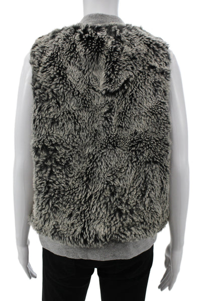 Three Dots Women Bomber Vest Faux Fur Gray Button Sleeveless Size L