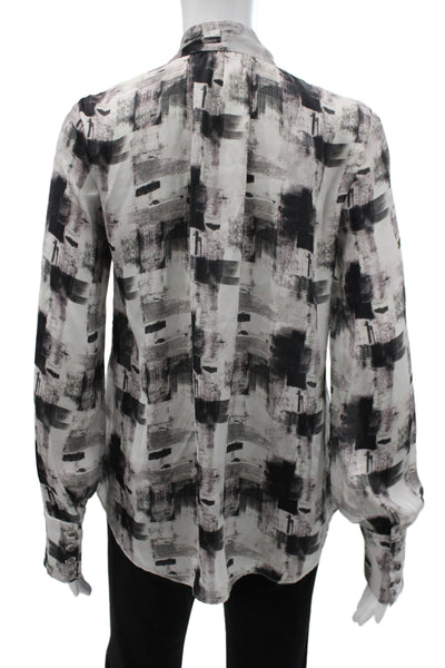 Waverly Grey Women Tunic Blouse Collared Long Sleeve Black Geometric Size S