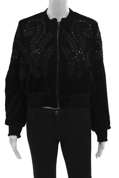 Zara Women Bomber Jacket Black Floral Zip Polyester Long Sleeve Size L