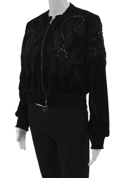Zara Women Bomber Jacket Black Floral Zip Polyester Long Sleeve Size L