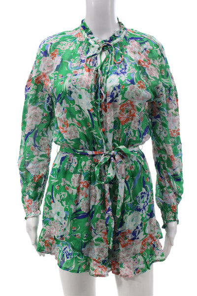 Suncoo Women Romper Green Floral Round Neck Button Long Sleeve Viscose Size 1