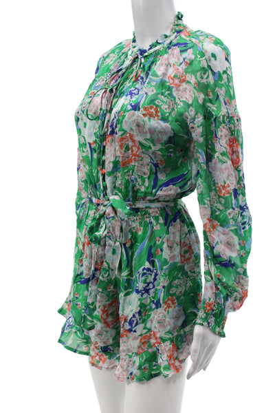 Suncoo Women Romper Green Floral Round Neck Button Long Sleeve Viscose Size 1
