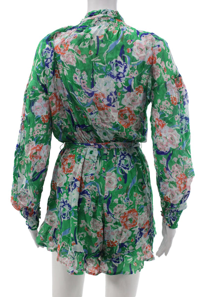 Suncoo Women Romper Green Floral Round Neck Button Long Sleeve Viscose Size 1