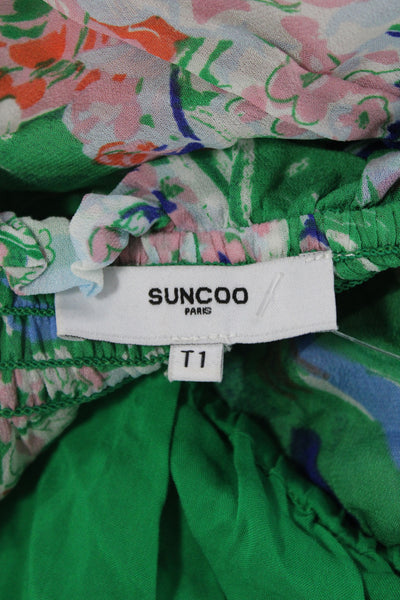 Suncoo Women Romper Green Floral Round Neck Button Long Sleeve Viscose Size 1