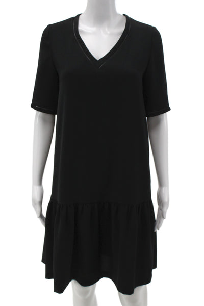 Gerard Darel Women Shift Dress Black V-Neck Short Sleeve Midi Polyester Size 36