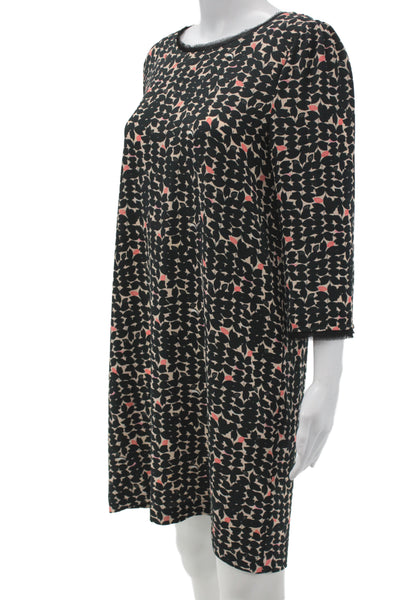 Suncoo Womens Shift Dress Black Geometric 3/4 Sleeve Round Neck Midi Size S