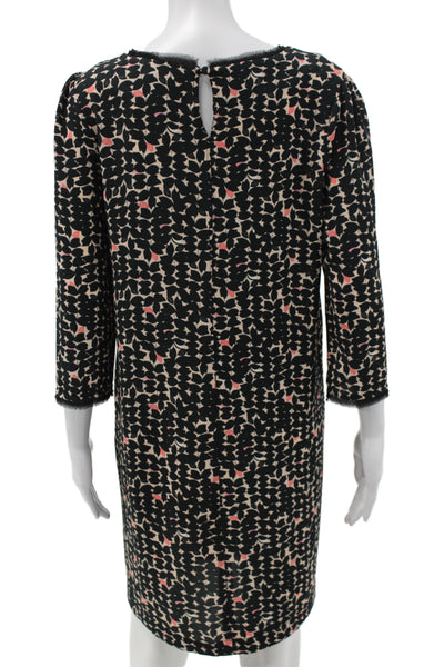 Suncoo Womens Shift Dress Black Geometric 3/4 Sleeve Round Neck Midi Size S