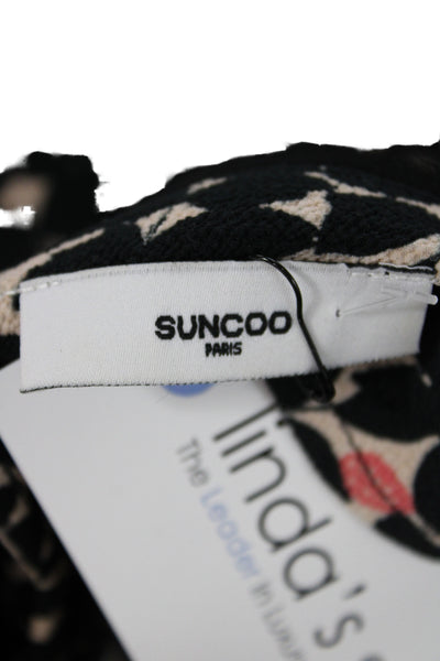 Suncoo Womens Shift Dress Black Geometric 3/4 Sleeve Round Neck Midi Size S
