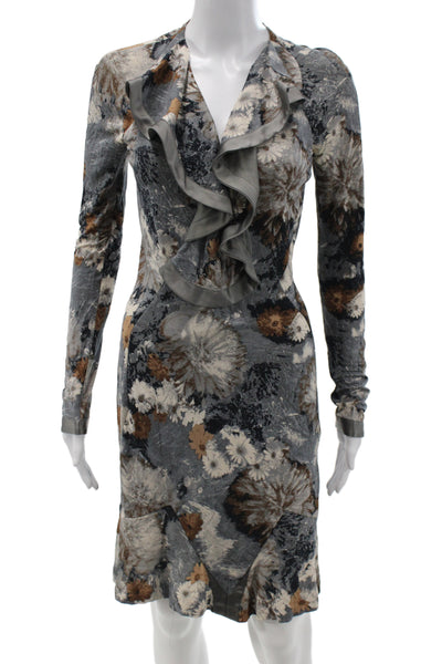 Yigal Azrouel Womens Gray Floral Sheath Dress V-Neck Long Sleeve Size S