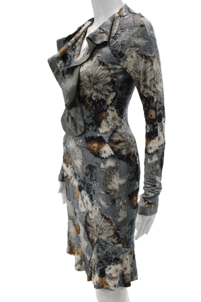 Yigal Azrouel Womens Gray Floral Sheath Dress V-Neck Long Sleeve Size S