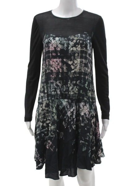 Tibi Womens Shift Dress Black Floral Viscose Long Sleeve Midi Size 2