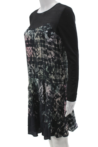 Tibi Womens Shift Dress Black Floral Viscose Long Sleeve Midi Size 2