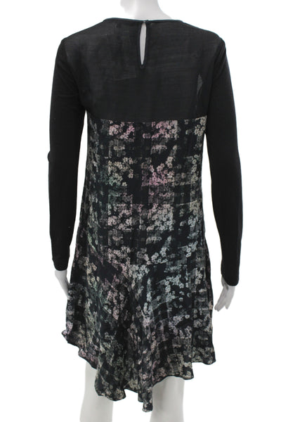 Tibi Womens Shift Dress Black Floral Viscose Long Sleeve Midi Size 2