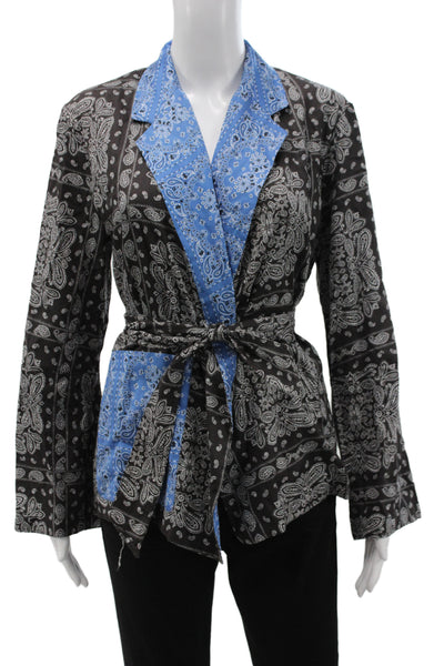 Zara Women Kimono Jacket Black Cotton Paisley Collar Tie Long Sleeve Size S