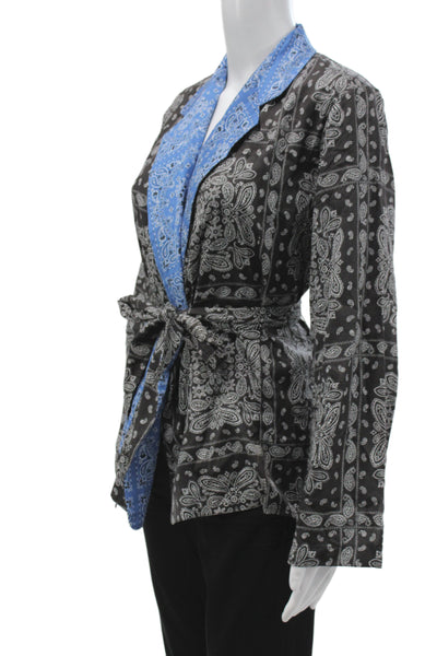Zara Women Kimono Jacket Black Cotton Paisley Collar Tie Long Sleeve Size S