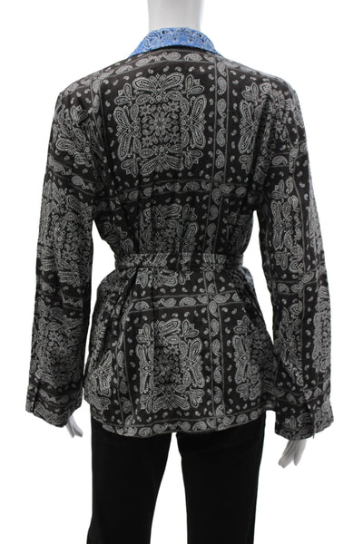 Zara Women Kimono Jacket Black Cotton Paisley Collar Tie Long Sleeve Size S