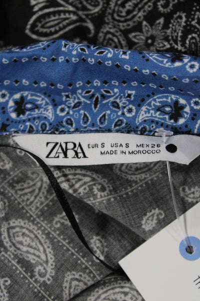 Zara Women Kimono Jacket Black Cotton Paisley Collar Tie Long Sleeve Size S