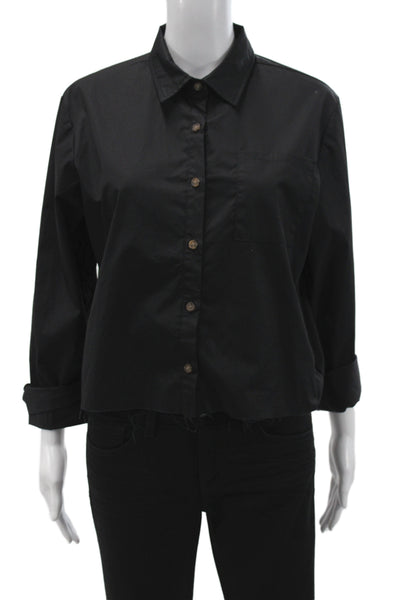 Muze Womens Cropped Collared Cotton Button Up Top Black Long Sleeve Size M