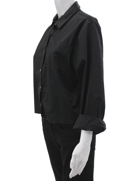 Muze Womens Cropped Collared Cotton Button Up Top Black Long Sleeve Size M