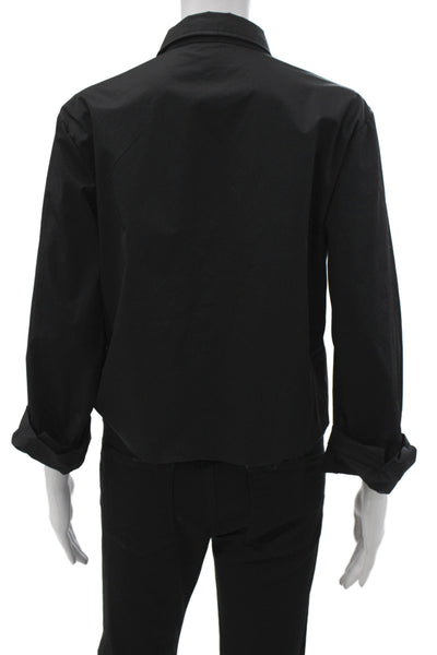 Muze Womens Cropped Collared Cotton Button Up Top Black Long Sleeve Size M