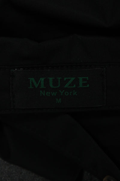 Muze Womens Cropped Collared Cotton Button Up Top Black Long Sleeve Size M