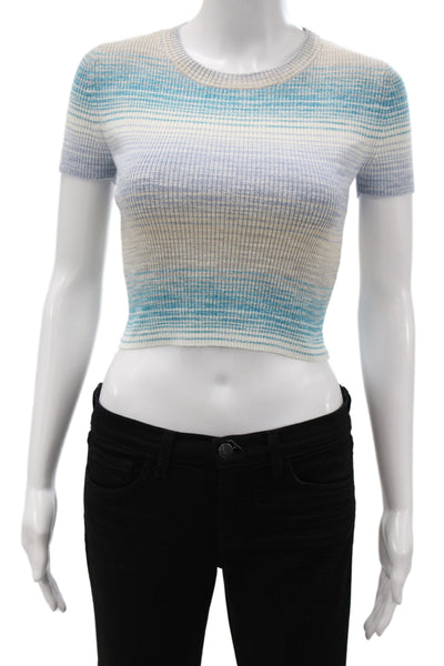 Intermix Women Striped Blue Cropped T-Shirt Short Sleeve Crew Neck Size PP