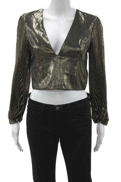 Alice + Olivia Women Cropped Silk V-Neck Long Sleeve Black Blouse Zip Size S