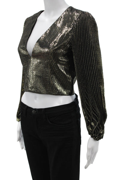 Alice + Olivia Women Cropped Silk V-Neck Long Sleeve Black Blouse Zip Size S