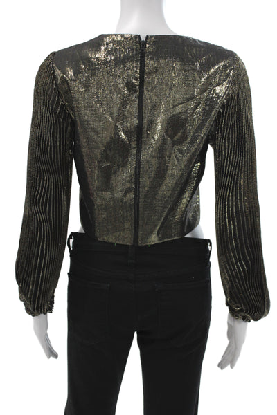 Alice + Olivia Women Cropped Silk V-Neck Long Sleeve Black Blouse Zip Size S