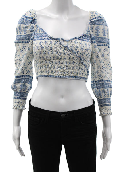 Zara Women Cropped Blue Floral Square Neck 3/4 Sleeve Cotton Blouse Size XS