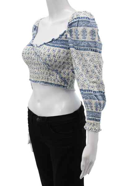 Zara Women Cropped Blue Floral Square Neck 3/4 Sleeve Cotton Blouse Size XS