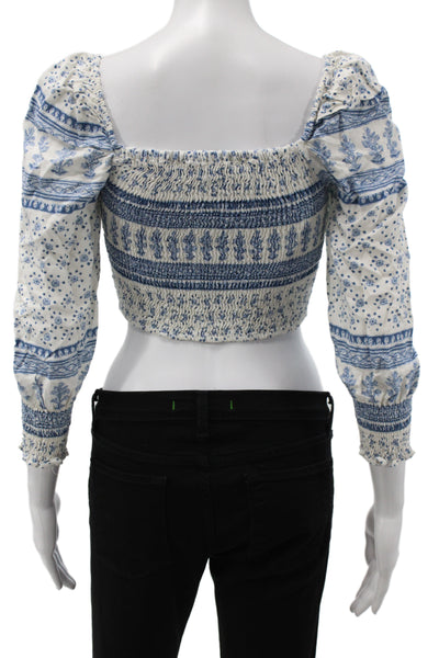 Zara Women Cropped Blue Floral Square Neck 3/4 Sleeve Cotton Blouse Size XS