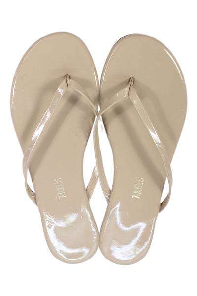 TKEES Womens Patent Leather Thong Strapped Flip Flops Beige Size 8