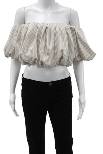 3.1 Phillip Lim Womens Cropped Off Shoulder Striped Beige Cotton Blouse Size 2