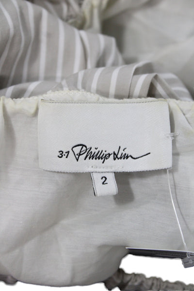 3.1 Phillip Lim Womens Cropped Off Shoulder Striped Beige Cotton Blouse Size 2