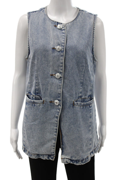 Vigoss Women Basic Sleeveless Jacket Blue Button 60% Cotton 90s Size M