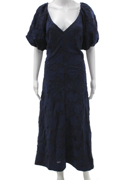 Tanya Taylor Womens Blue Floral V Neck Short Sleeve Maxi Dress Size 22