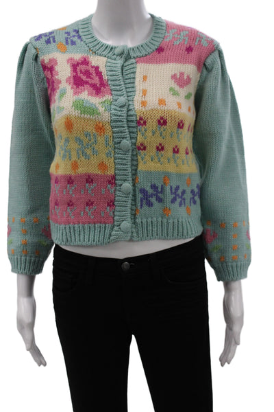 Tach Clothing Womens Merino Wool Floral Cardigan Green Crew Neck Size XS