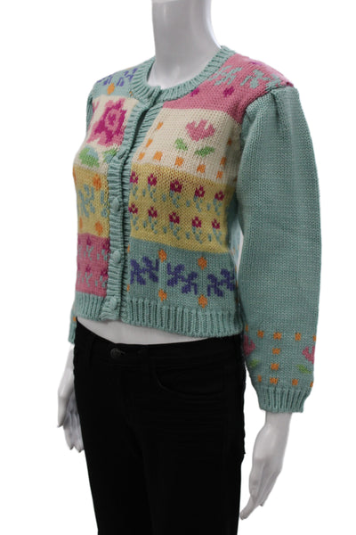 Tach Clothing Womens Merino Wool Floral Cardigan Green Crew Neck Size XS