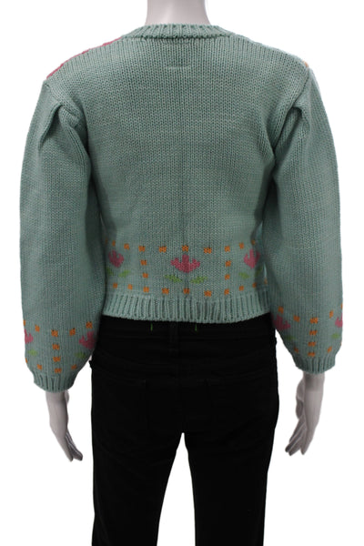 Tach Clothing Womens Merino Wool Floral Cardigan Green Crew Neck Size XS