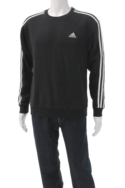 Adidas Mens Black Striped Cotton Blend Crew Neck Pullover Athleisure Size S