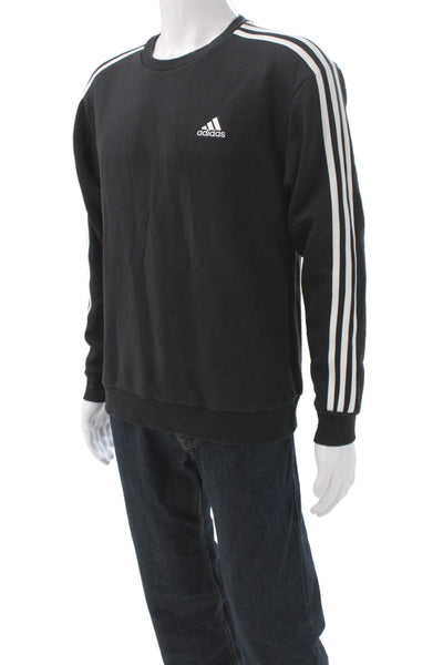 Adidas Mens Black Striped Cotton Blend Crew Neck Pullover Athleisure Size S