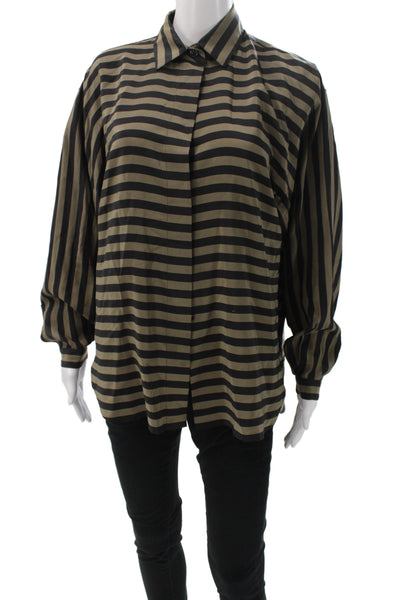 Albert Nipon Womens Black Silk Striped Collared Long Sleeve Blouse Size 12